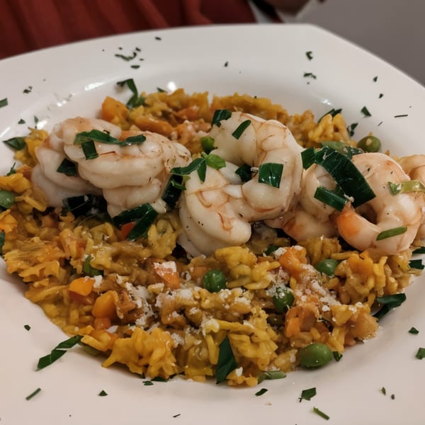 A close-up of Stella's Greek Cuisine shrimp and rice dish, garnished with herbs and cheese.