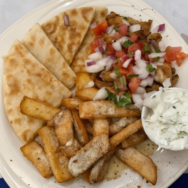 Stella's Greek Cuisine plate with pita bread, fries, chicken, diced tomatoes, onions, and tzatziki.